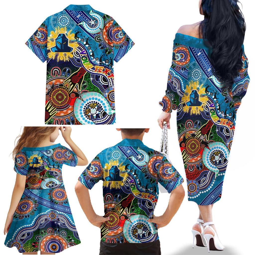 Personalised Titans NAIDOC Week 2024 Family Matching Off The Shoulder Long Sleeve Dress and Hawaiian Shirt Australia Aboriginal Dot Painting