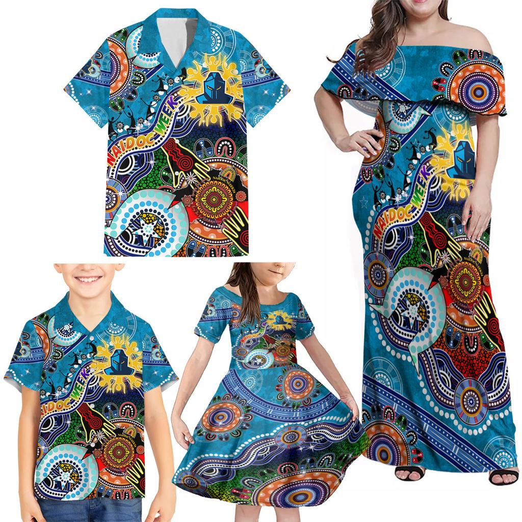 Personalised Titans NAIDOC Week 2024 Family Matching Off Shoulder Maxi Dress and Hawaiian Shirt Australia Aboriginal Dot Painting