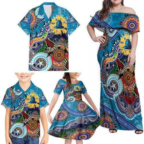 Personalised Titans NAIDOC Week 2024 Family Matching Off Shoulder Maxi Dress and Hawaiian Shirt Australia Aboriginal Dot Painting