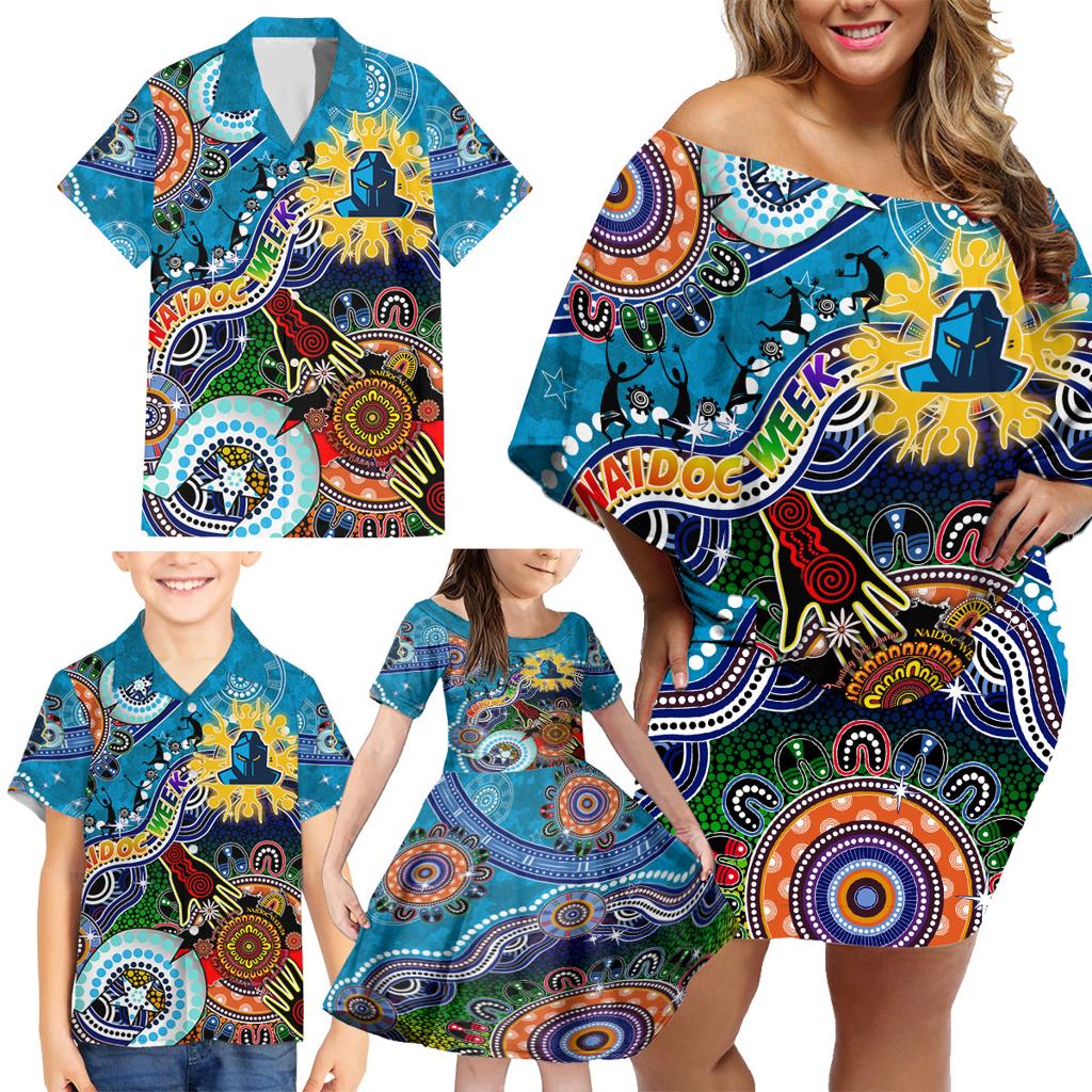 Personalised Titans NAIDOC Week 2024 Family Matching Off Shoulder Short Dress and Hawaiian Shirt Australia Aboriginal Dot Painting
