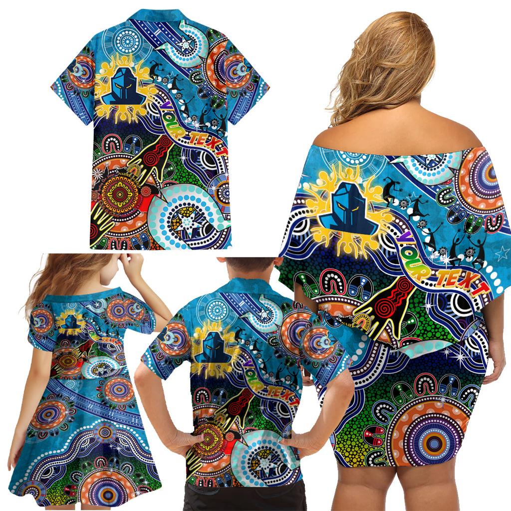 Personalised Titans NAIDOC Week 2024 Family Matching Off Shoulder Short Dress and Hawaiian Shirt Australia Aboriginal Dot Painting