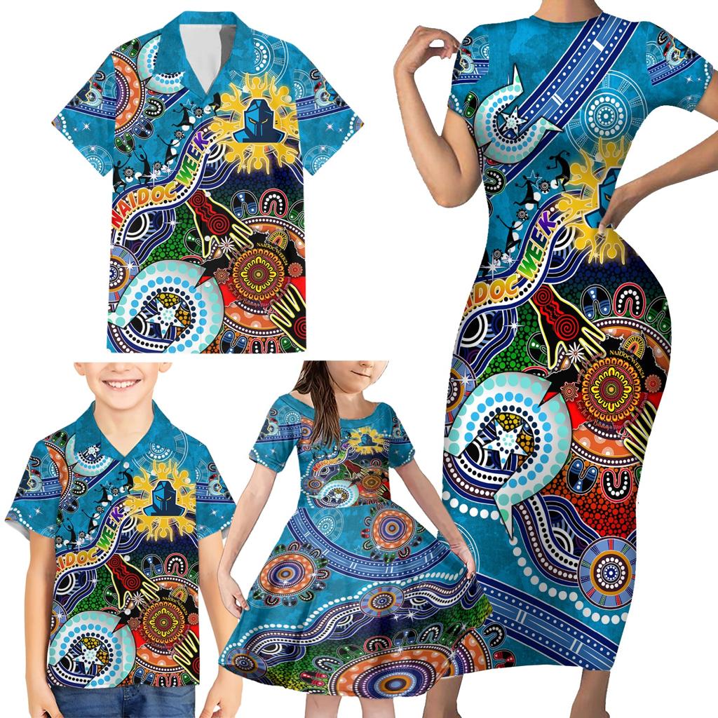 Personalised Titans NAIDOC Week 2024 Family Matching Short Sleeve Bodycon Dress and Hawaiian Shirt Australia Aboriginal Dot Painting