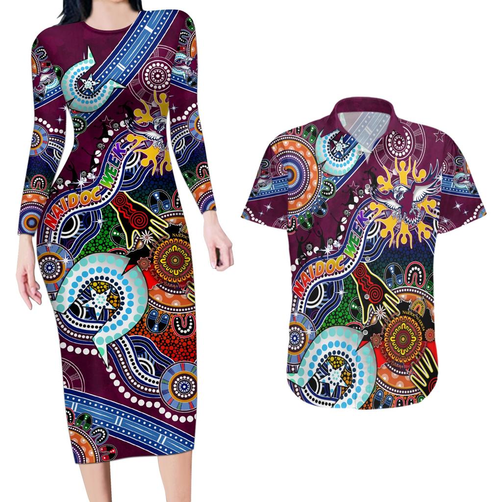 Personalised Eagles NAIDOC Week 2024 Couples Matching Long Sleeve Bodycon Dress and Hawaiian Shirt Australia Aboriginal Dot Painting
