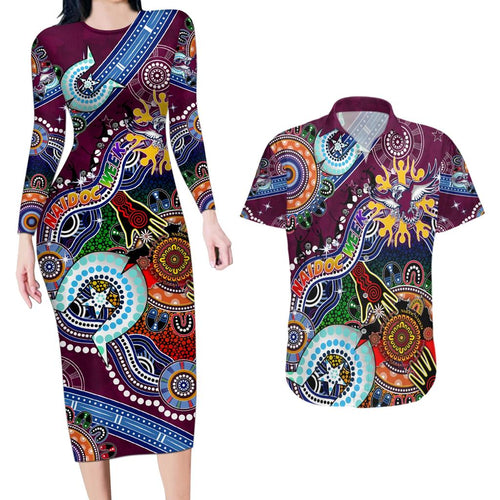 Personalised Eagles NAIDOC Week 2024 Couples Matching Long Sleeve Bodycon Dress and Hawaiian Shirt Australia Aboriginal Dot Painting
