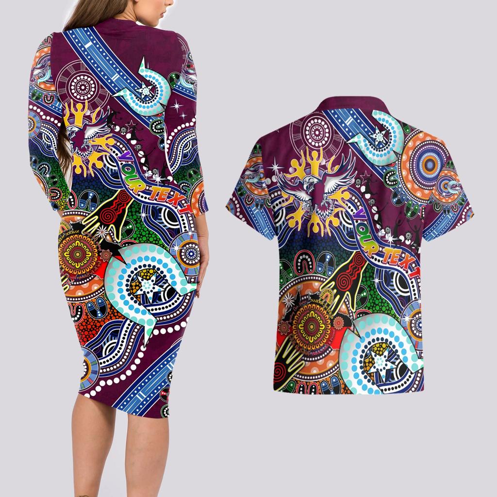 Personalised Eagles NAIDOC Week 2024 Couples Matching Long Sleeve Bodycon Dress and Hawaiian Shirt Australia Aboriginal Dot Painting