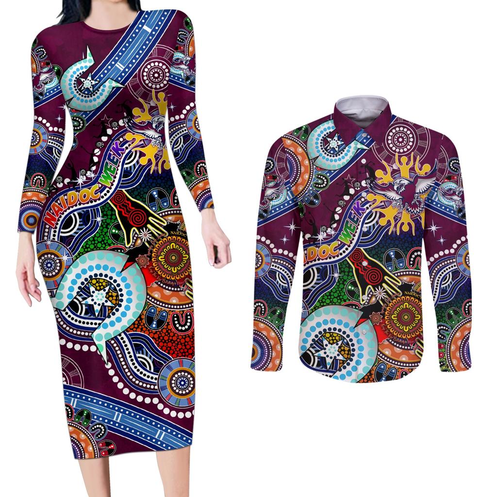 Personalised Eagles NAIDOC Week 2024 Couples Matching Long Sleeve Bodycon Dress and Long Sleeve Button Shirt Australia Aboriginal Dot Painting