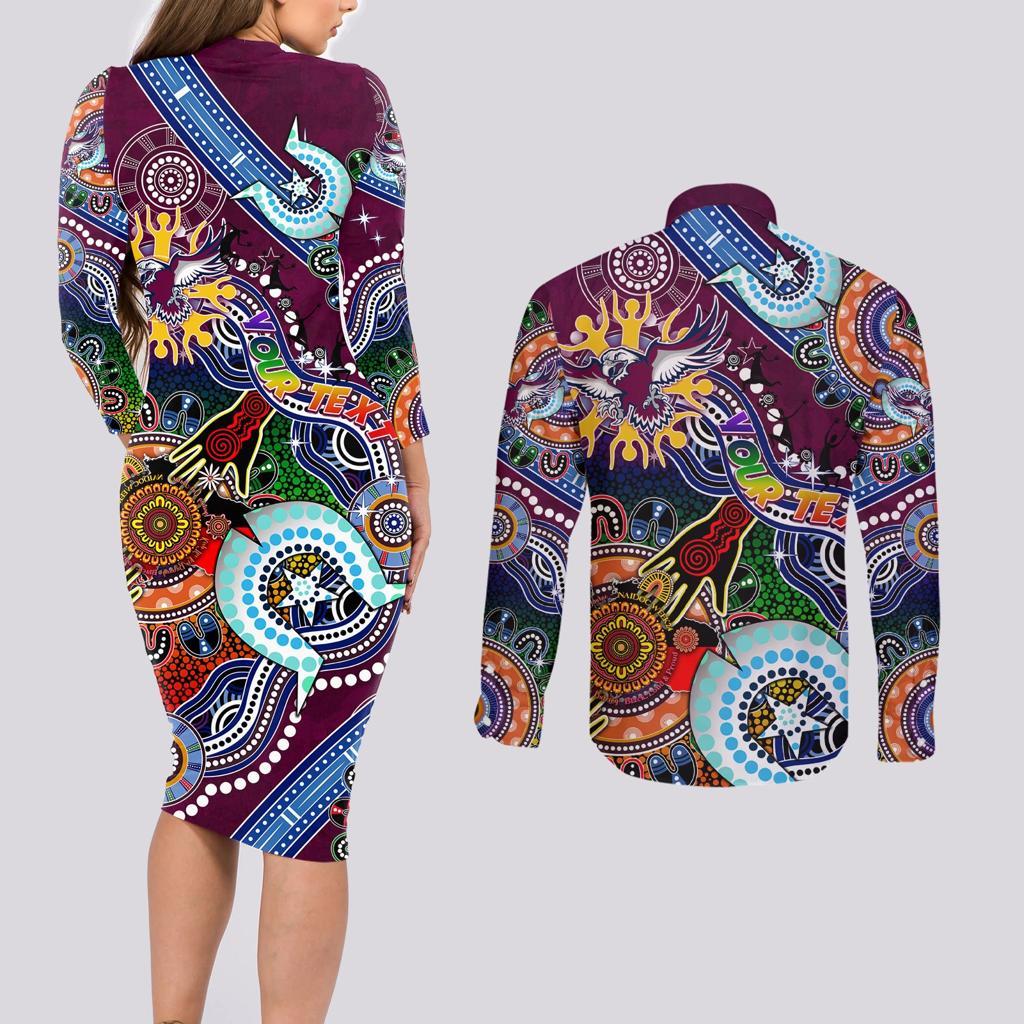 Personalised Eagles NAIDOC Week 2024 Couples Matching Long Sleeve Bodycon Dress and Long Sleeve Button Shirt Australia Aboriginal Dot Painting