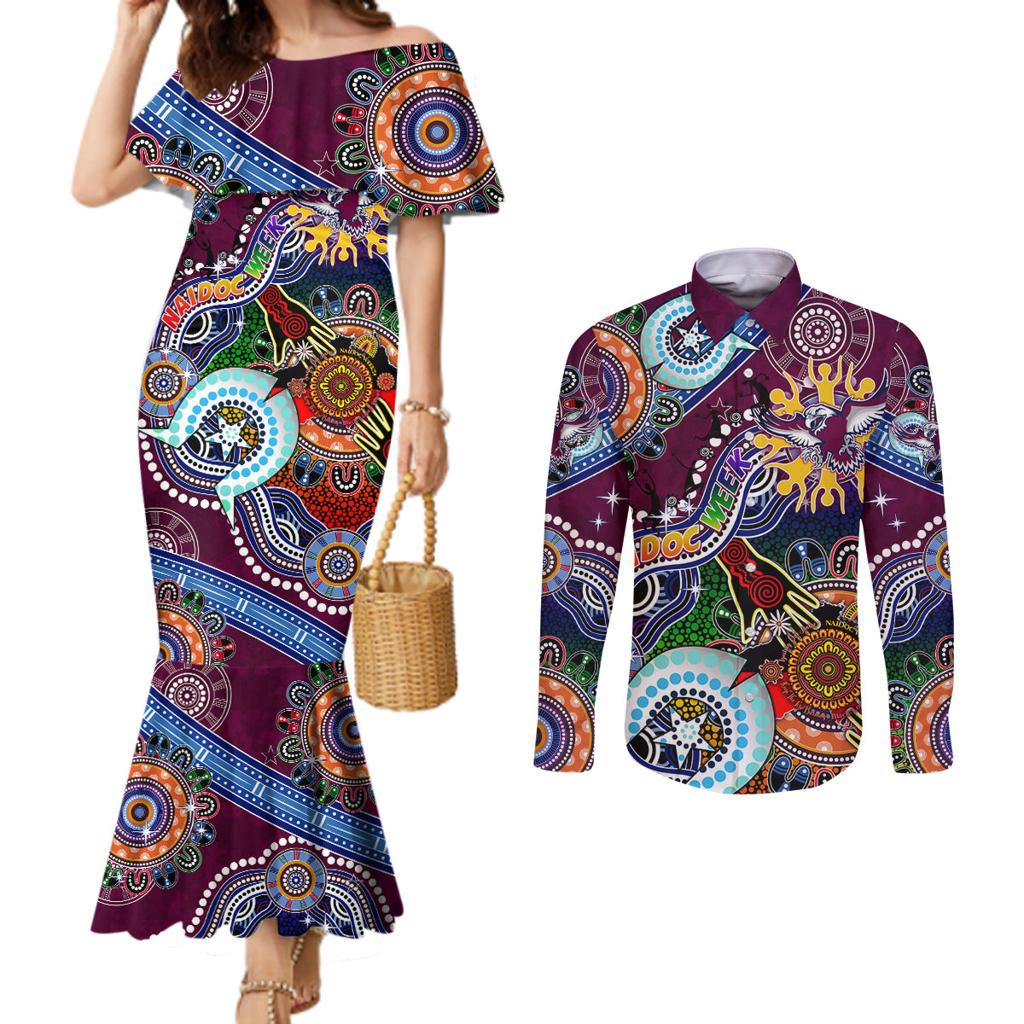 Personalised Eagles NAIDOC Week 2024 Couples Matching Mermaid Dress and Long Sleeve Button Shirt Australia Aboriginal Dot Painting