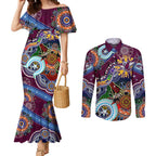 Personalised Eagles NAIDOC Week 2024 Couples Matching Mermaid Dress and Long Sleeve Button Shirt Australia Aboriginal Dot Painting