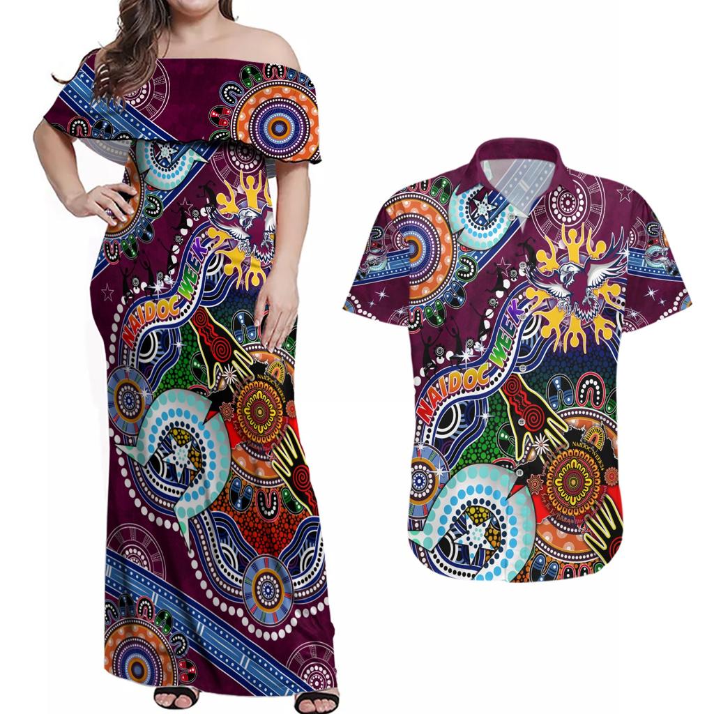 Personalised Eagles NAIDOC Week 2024 Couples Matching Off Shoulder Maxi Dress and Hawaiian Shirt Australia Aboriginal Dot Painting