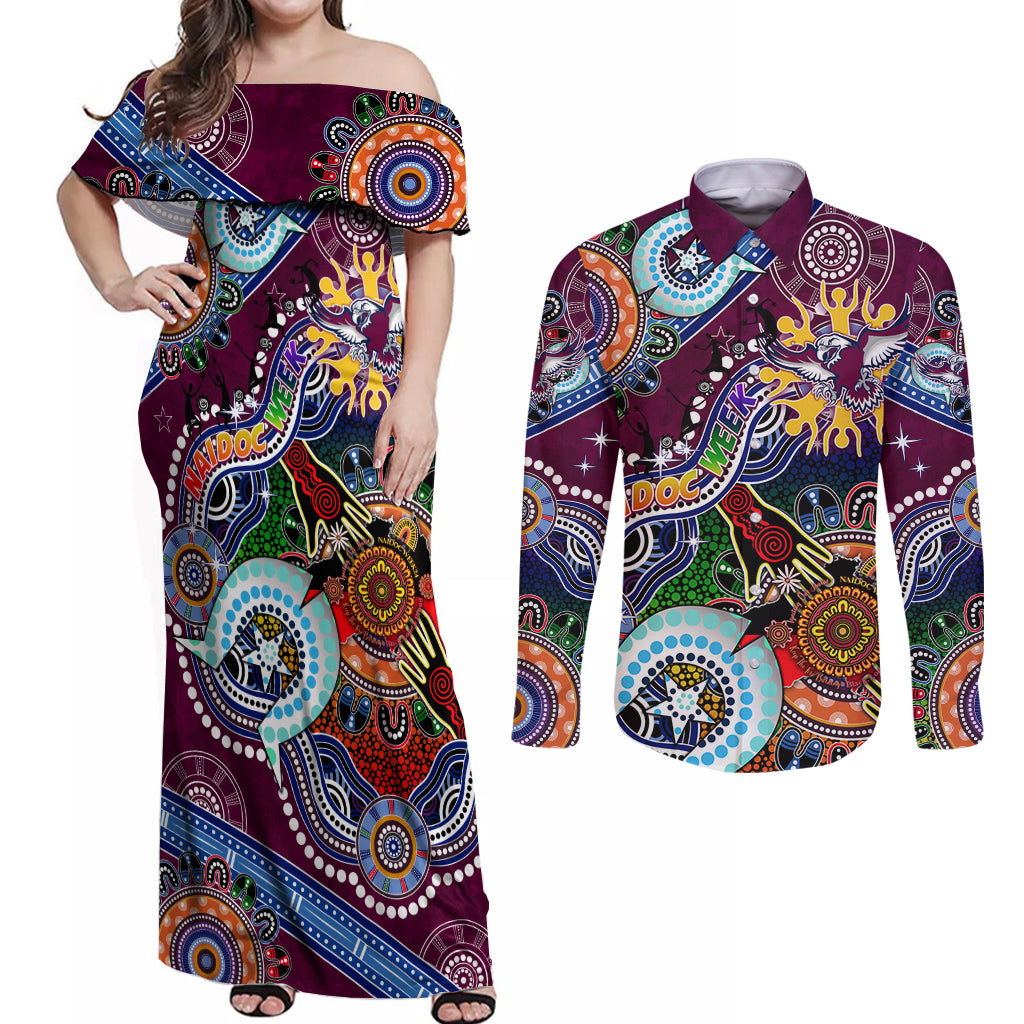 Personalised Eagles NAIDOC Week 2024 Couples Matching Off Shoulder Maxi Dress and Long Sleeve Button Shirt Australia Aboriginal Dot Painting
