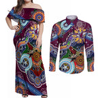 Personalised Eagles NAIDOC Week 2024 Couples Matching Off Shoulder Maxi Dress and Long Sleeve Button Shirt Australia Aboriginal Dot Painting