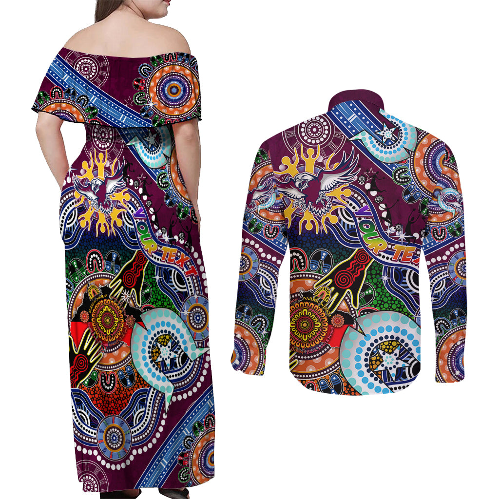 Personalised Eagles NAIDOC Week 2024 Couples Matching Off Shoulder Maxi Dress and Long Sleeve Button Shirt Australia Aboriginal Dot Painting