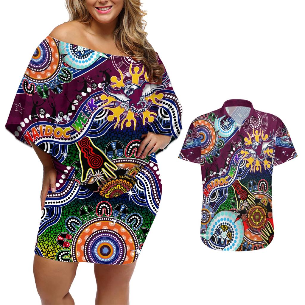 Personalised Eagles NAIDOC Week 2024 Couples Matching Off Shoulder Short Dress and Hawaiian Shirt Australia Aboriginal Dot Painting
