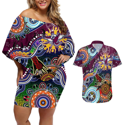 Personalised Eagles NAIDOC Week 2024 Couples Matching Off Shoulder Short Dress and Hawaiian Shirt Australia Aboriginal Dot Painting