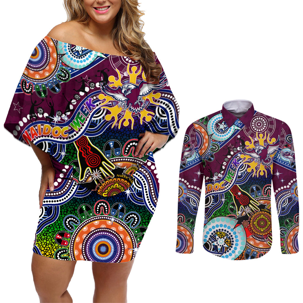 Personalised Eagles NAIDOC Week 2024 Couples Matching Off Shoulder Short Dress and Long Sleeve Button Shirt Australia Aboriginal Dot Painting