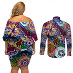 Personalised Eagles NAIDOC Week 2024 Couples Matching Off Shoulder Short Dress and Long Sleeve Button Shirt Australia Aboriginal Dot Painting