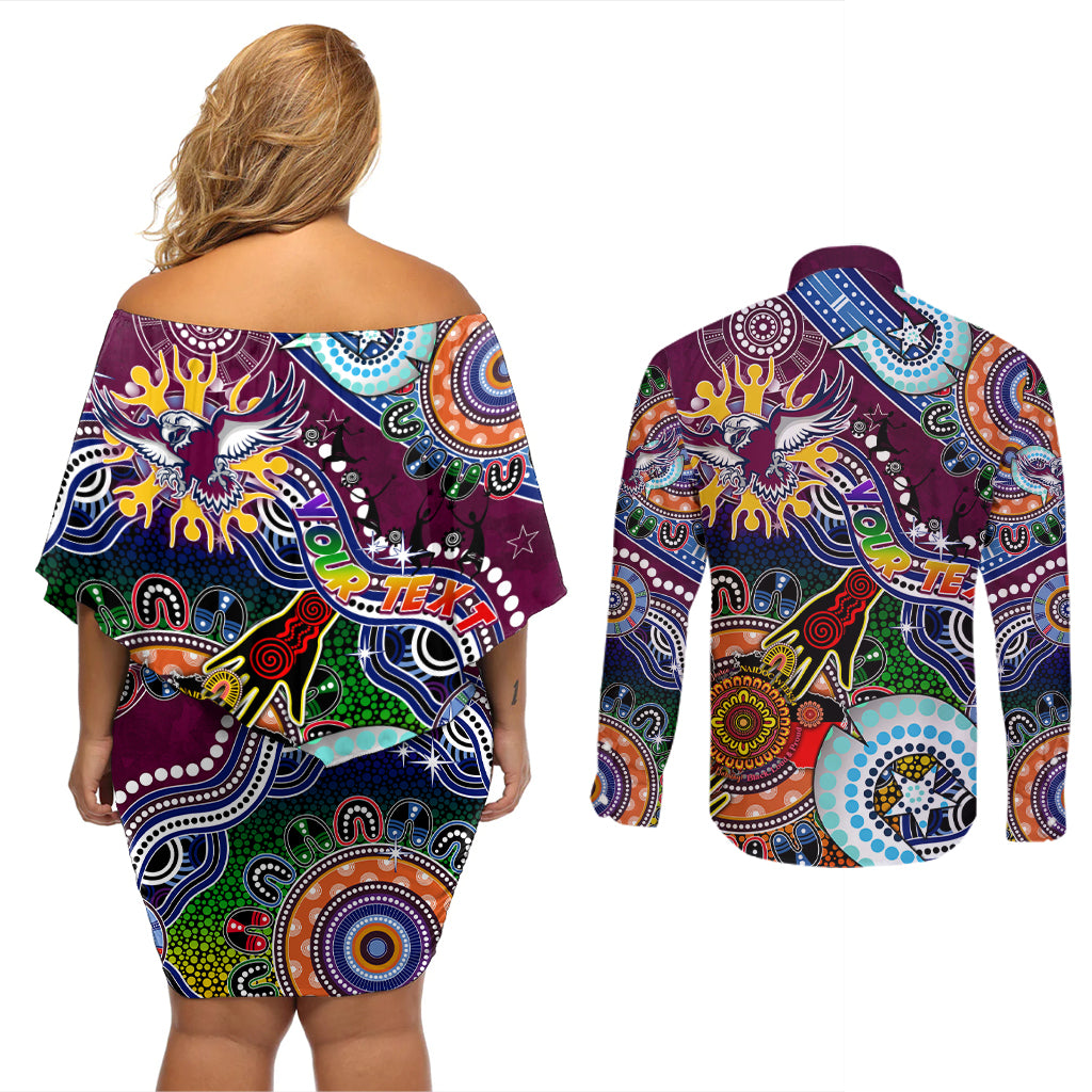 Personalised Eagles NAIDOC Week 2024 Couples Matching Off Shoulder Short Dress and Long Sleeve Button Shirt Australia Aboriginal Dot Painting