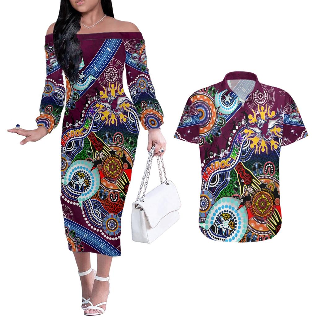 Personalised Eagles NAIDOC Week 2024 Couples Matching Off The Shoulder Long Sleeve Dress and Hawaiian Shirt Australia Aboriginal Dot Painting