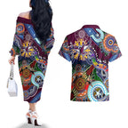 Personalised Eagles NAIDOC Week 2024 Couples Matching Off The Shoulder Long Sleeve Dress and Hawaiian Shirt Australia Aboriginal Dot Painting