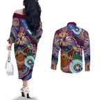 Personalised Eagles NAIDOC Week 2024 Couples Matching Off The Shoulder Long Sleeve Dress and Long Sleeve Button Shirt Australia Aboriginal Dot Painting