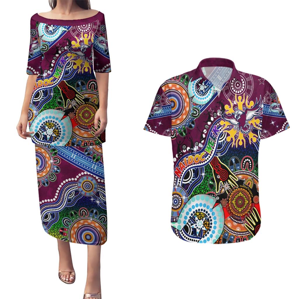 Personalised Eagles NAIDOC Week 2024 Couples Matching Puletasi and Hawaiian Shirt Australia Aboriginal Dot Painting