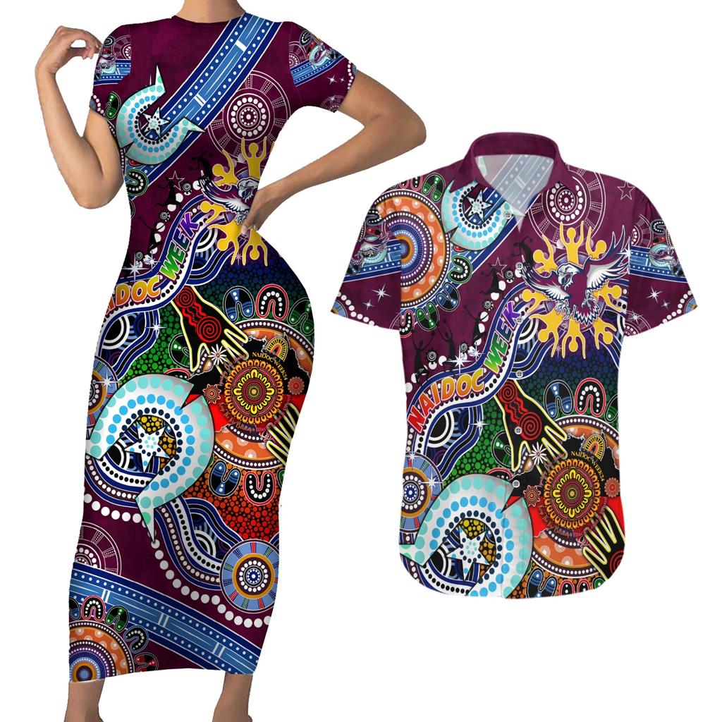 Personalised Eagles NAIDOC Week 2024 Couples Matching Short Sleeve Bodycon Dress and Hawaiian Shirt Australia Aboriginal Dot Painting