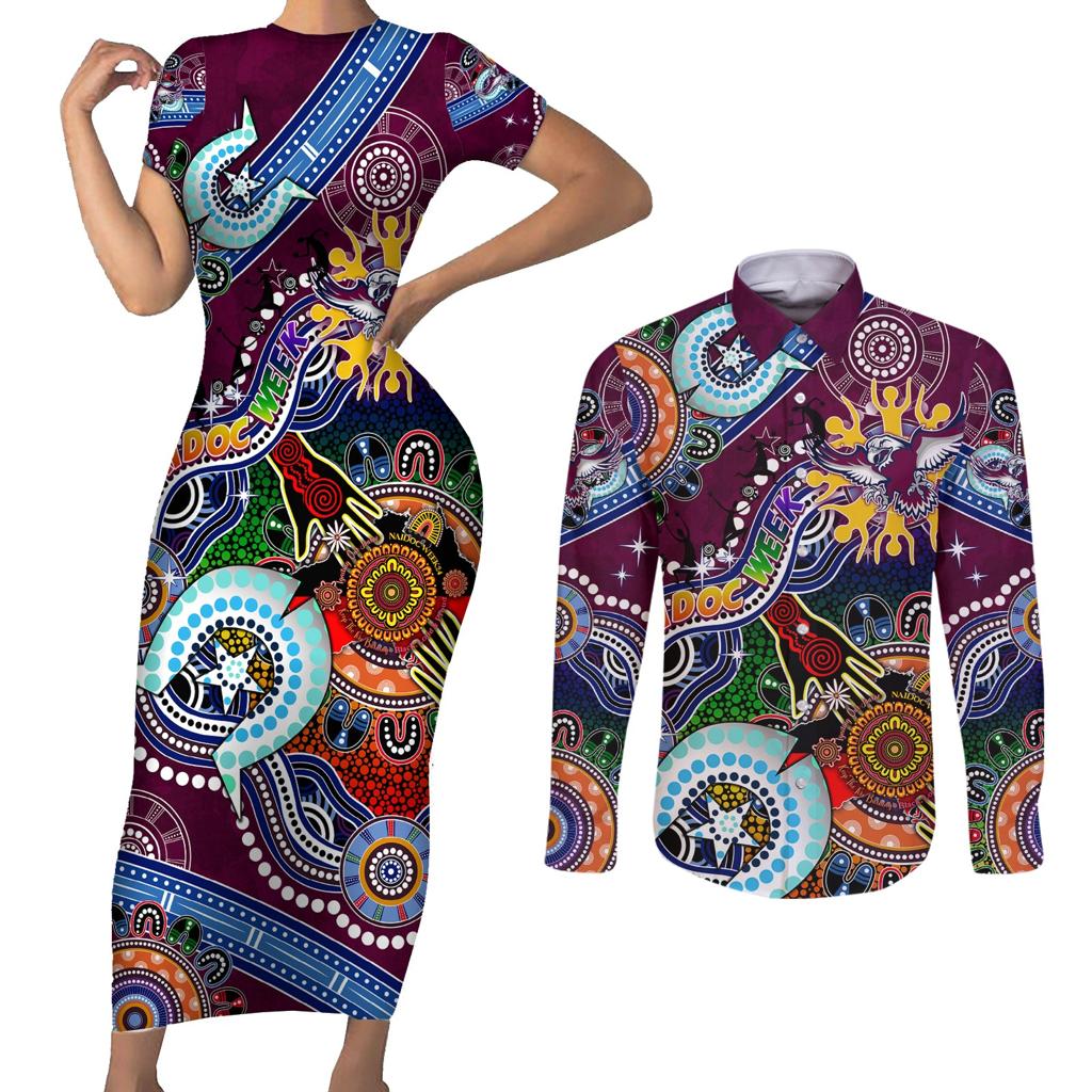 Personalised Eagles NAIDOC Week 2024 Couples Matching Short Sleeve Bodycon Dress and Long Sleeve Button Shirt Australia Aboriginal Dot Painting