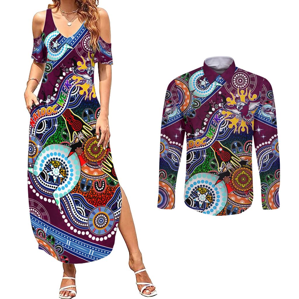 Personalised Eagles NAIDOC Week 2024 Couples Matching Summer Maxi Dress and Long Sleeve Button Shirt Australia Aboriginal Dot Painting