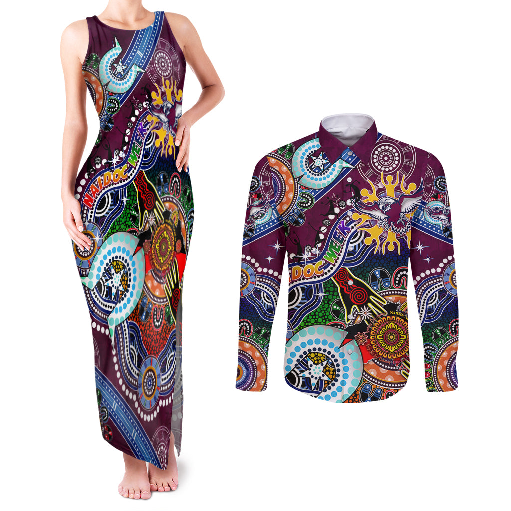Personalised Eagles NAIDOC Week 2024 Couples Matching Tank Maxi Dress and Long Sleeve Button Shirt Australia Aboriginal Dot Painting
