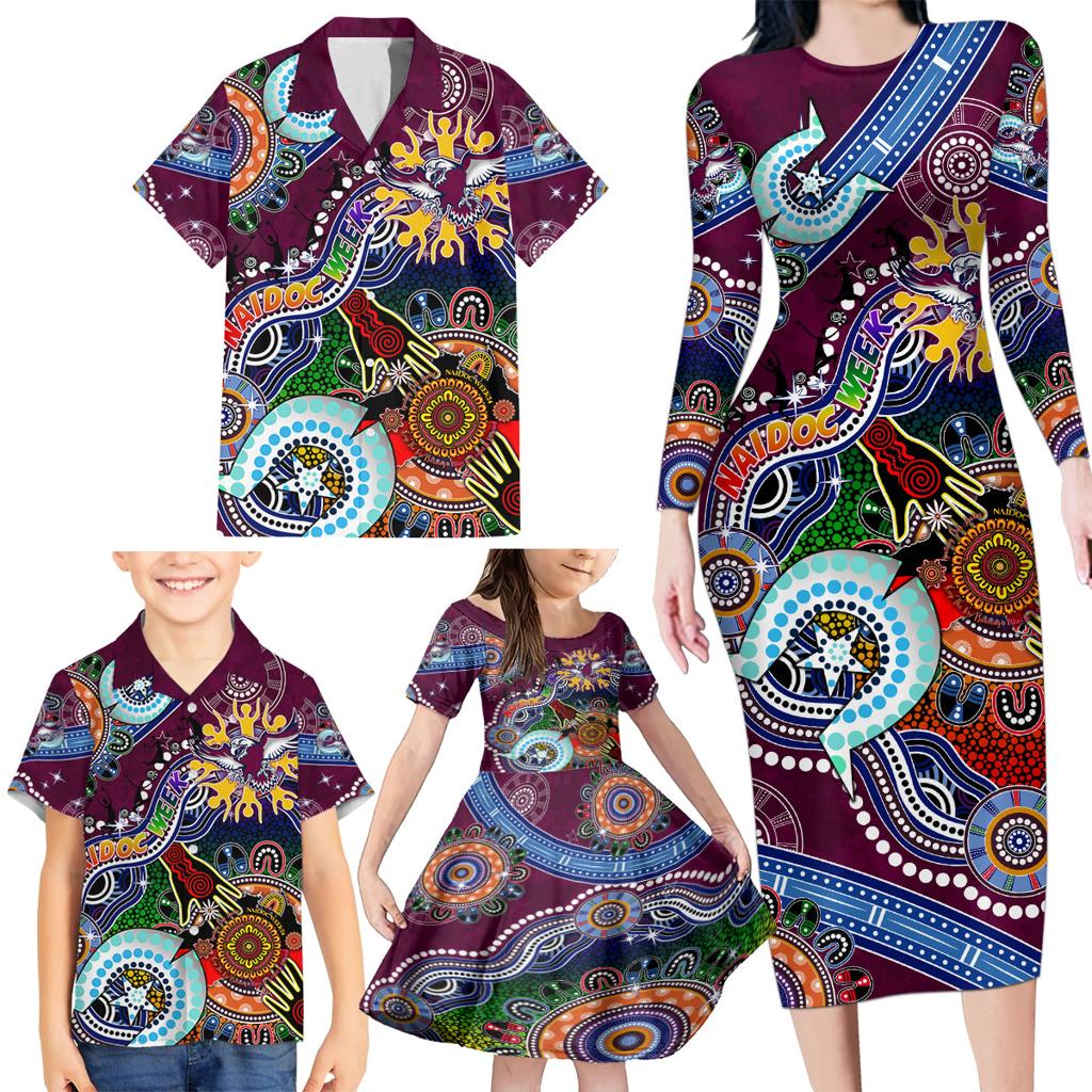 Personalised Eagles NAIDOC Week 2024 Family Matching Long Sleeve Bodycon Dress and Hawaiian Shirt Australia Aboriginal Dot Painting