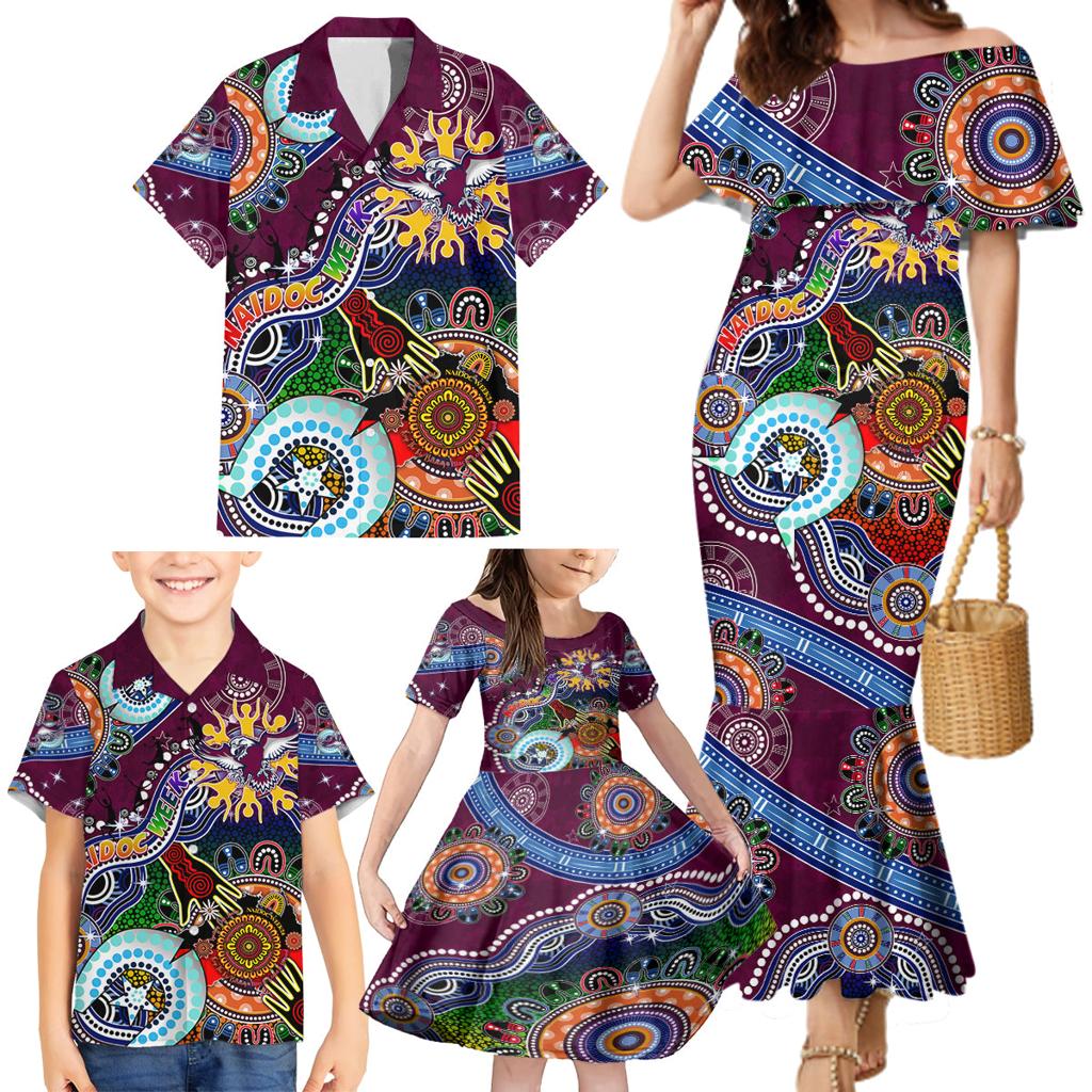 Personalised Eagles NAIDOC Week 2024 Family Matching Mermaid Dress and Hawaiian Shirt Australia Aboriginal Dot Painting