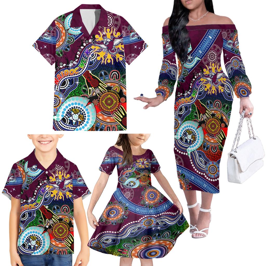 Personalised Eagles NAIDOC Week 2024 Family Matching Off The Shoulder Long Sleeve Dress and Hawaiian Shirt Australia Aboriginal Dot Painting