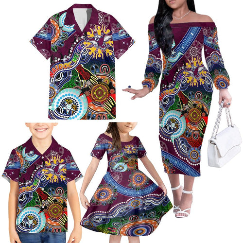 Personalised Eagles NAIDOC Week 2024 Family Matching Off The Shoulder Long Sleeve Dress and Hawaiian Shirt Australia Aboriginal Dot Painting