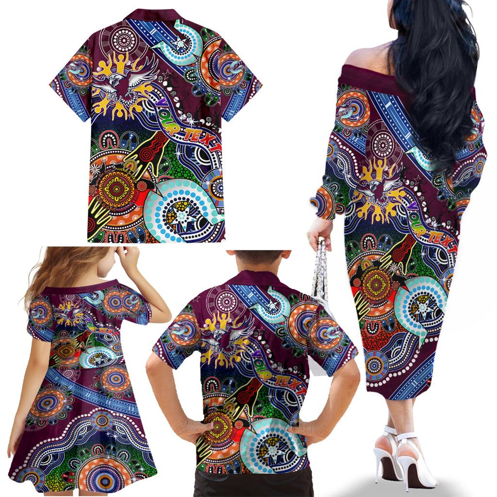 Personalised Eagles NAIDOC Week 2024 Family Matching Off The Shoulder Long Sleeve Dress and Hawaiian Shirt Australia Aboriginal Dot Painting