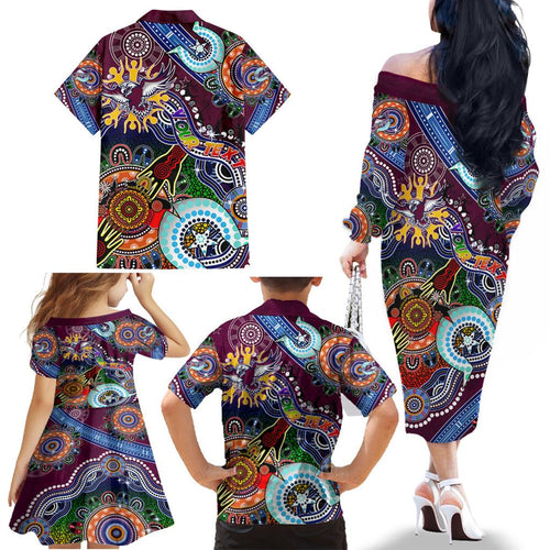 Personalised Eagles NAIDOC Week 2024 Family Matching Off The Shoulder Long Sleeve Dress and Hawaiian Shirt Australia Aboriginal Dot Painting