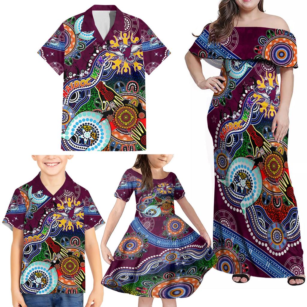 Personalised Eagles NAIDOC Week 2024 Family Matching Off Shoulder Maxi Dress and Hawaiian Shirt Australia Aboriginal Dot Painting