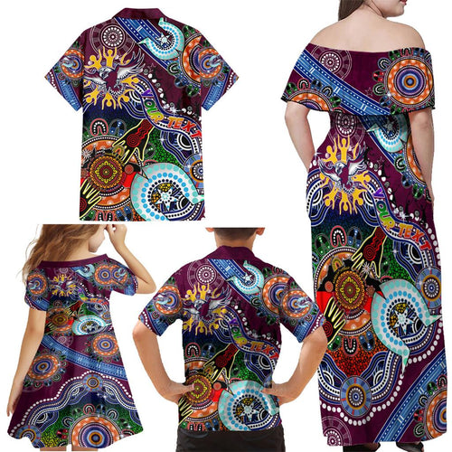 Personalised Eagles NAIDOC Week 2024 Family Matching Off Shoulder Maxi Dress and Hawaiian Shirt Australia Aboriginal Dot Painting