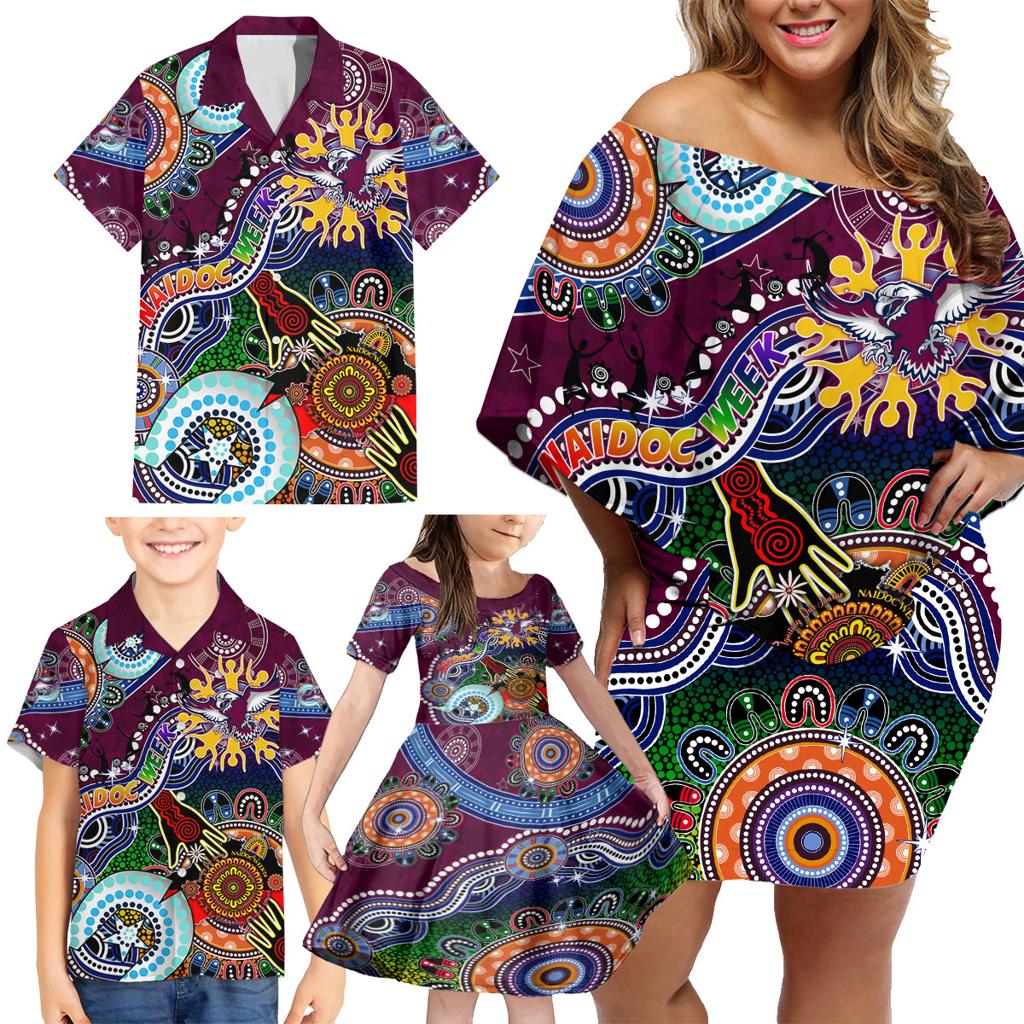 Personalised Eagles NAIDOC Week 2024 Family Matching Off Shoulder Short Dress and Hawaiian Shirt Australia Aboriginal Dot Painting