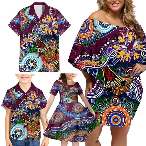 Personalised Eagles NAIDOC Week 2024 Family Matching Off Shoulder Short Dress and Hawaiian Shirt Australia Aboriginal Dot Painting