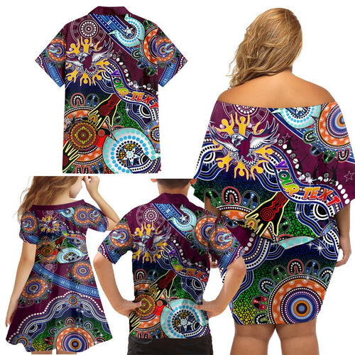 Personalised Eagles NAIDOC Week 2024 Family Matching Off Shoulder Short Dress and Hawaiian Shirt Australia Aboriginal Dot Painting