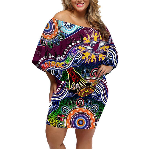 Personalised Eagles NAIDOC Week 2024 Family Matching Off Shoulder Short Dress and Hawaiian Shirt Australia Aboriginal Dot Painting