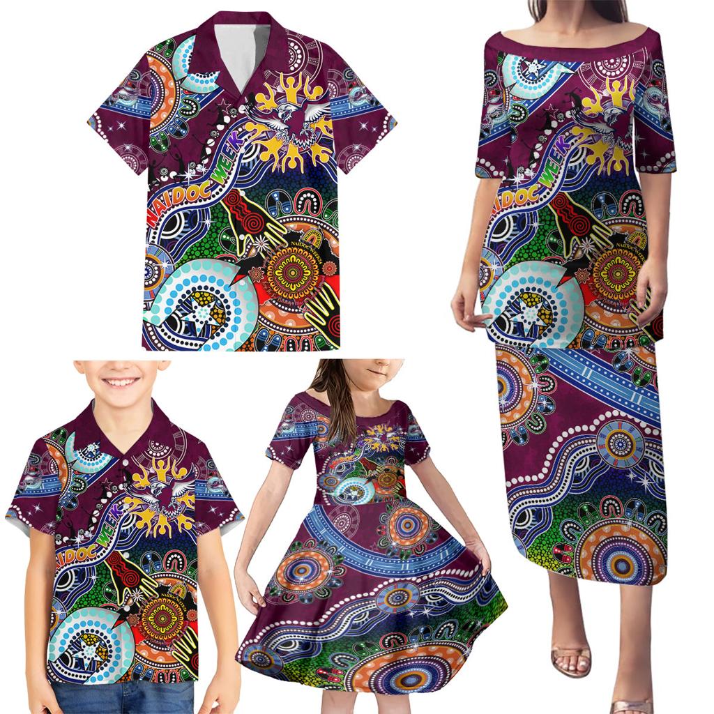 Personalised Eagles NAIDOC Week 2024 Family Matching Puletasi and Hawaiian Shirt Australia Aboriginal Dot Painting