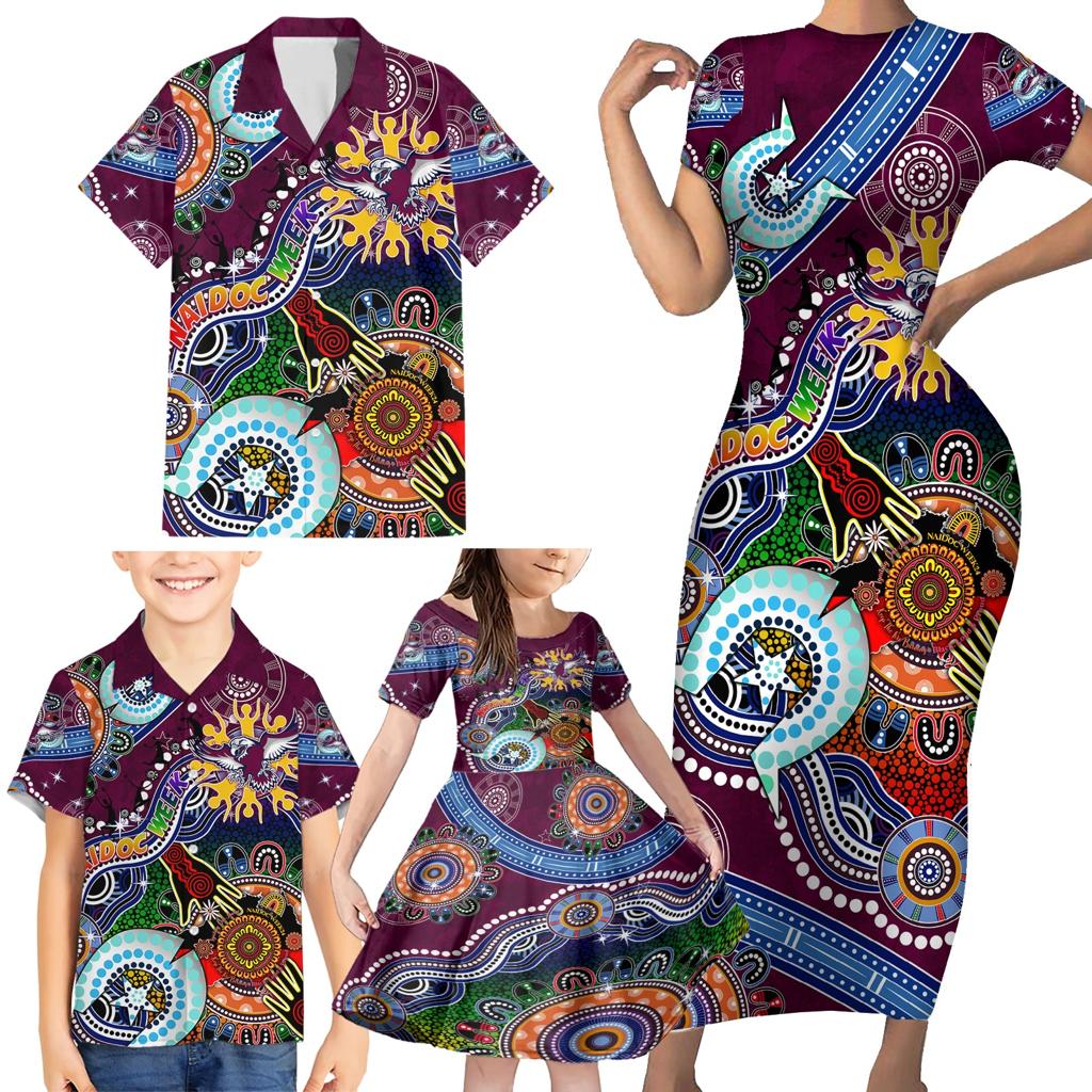Personalised Eagles NAIDOC Week 2024 Family Matching Short Sleeve Bodycon Dress and Hawaiian Shirt Australia Aboriginal Dot Painting