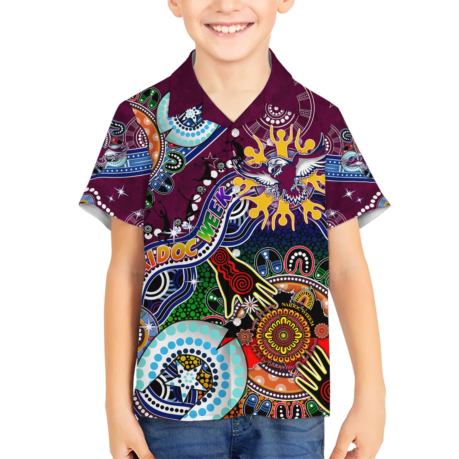 Personalised Eagles NAIDOC Week 2024 Kid Hawaiian Shirt Australia Aboriginal Dot Painting