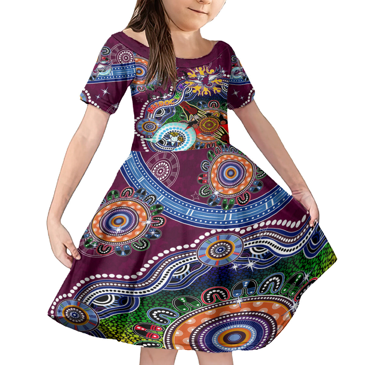 Personalised Eagles NAIDOC Week 2024 Kid Short Sleeve Dress Australia Aboriginal Dot Painting