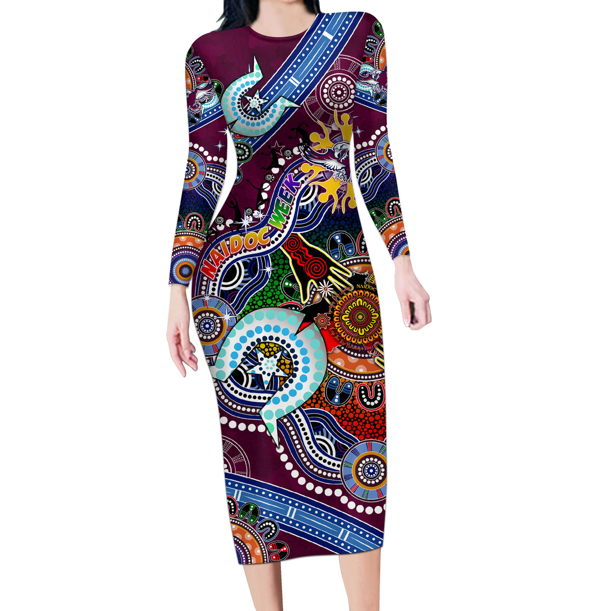 Personalised Eagles NAIDOC Week 2024 Long Sleeve Bodycon Dress Australia Aboriginal Dot Painting