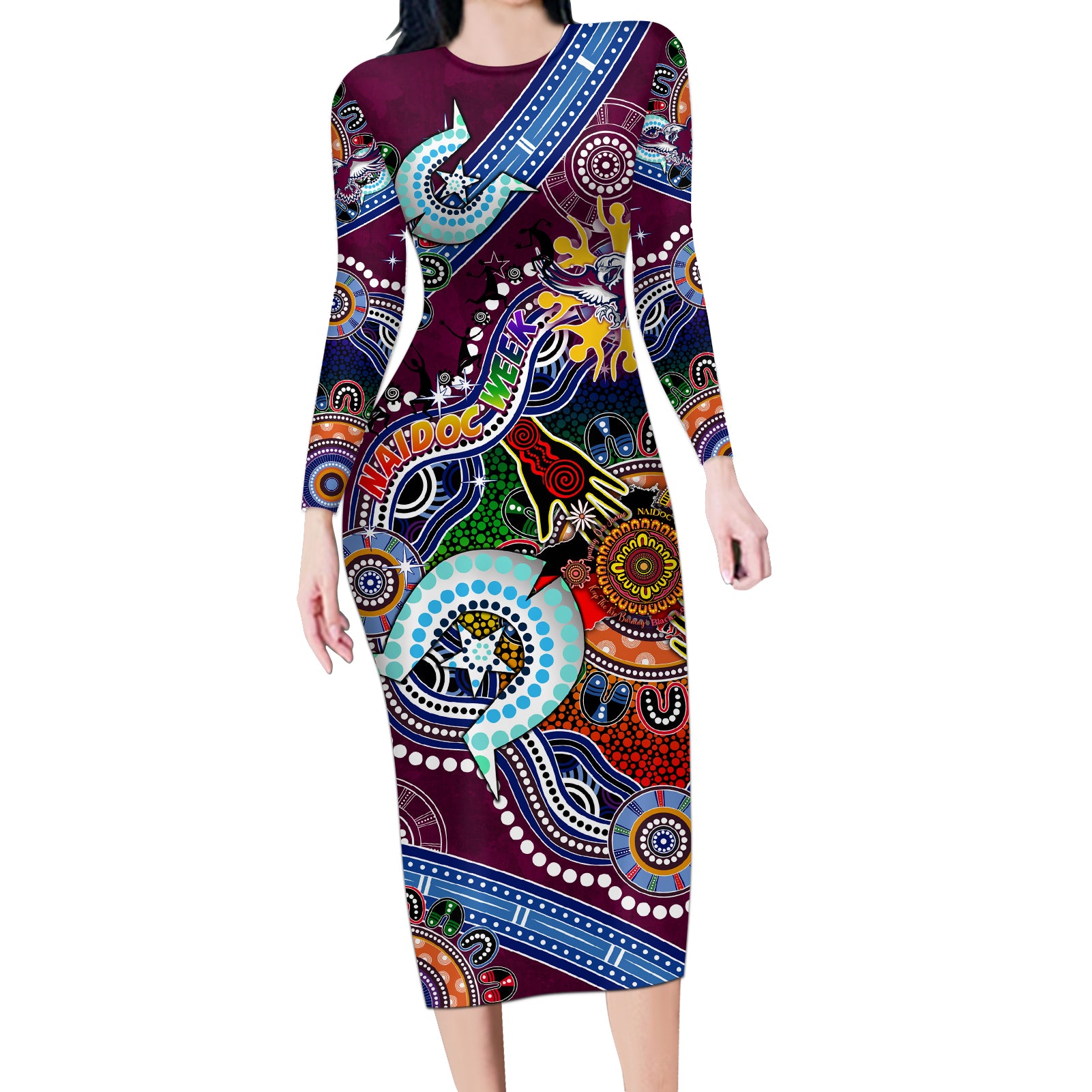 Personalised Eagles NAIDOC Week 2024 Long Sleeve Bodycon Dress Australia Aboriginal Dot Painting
