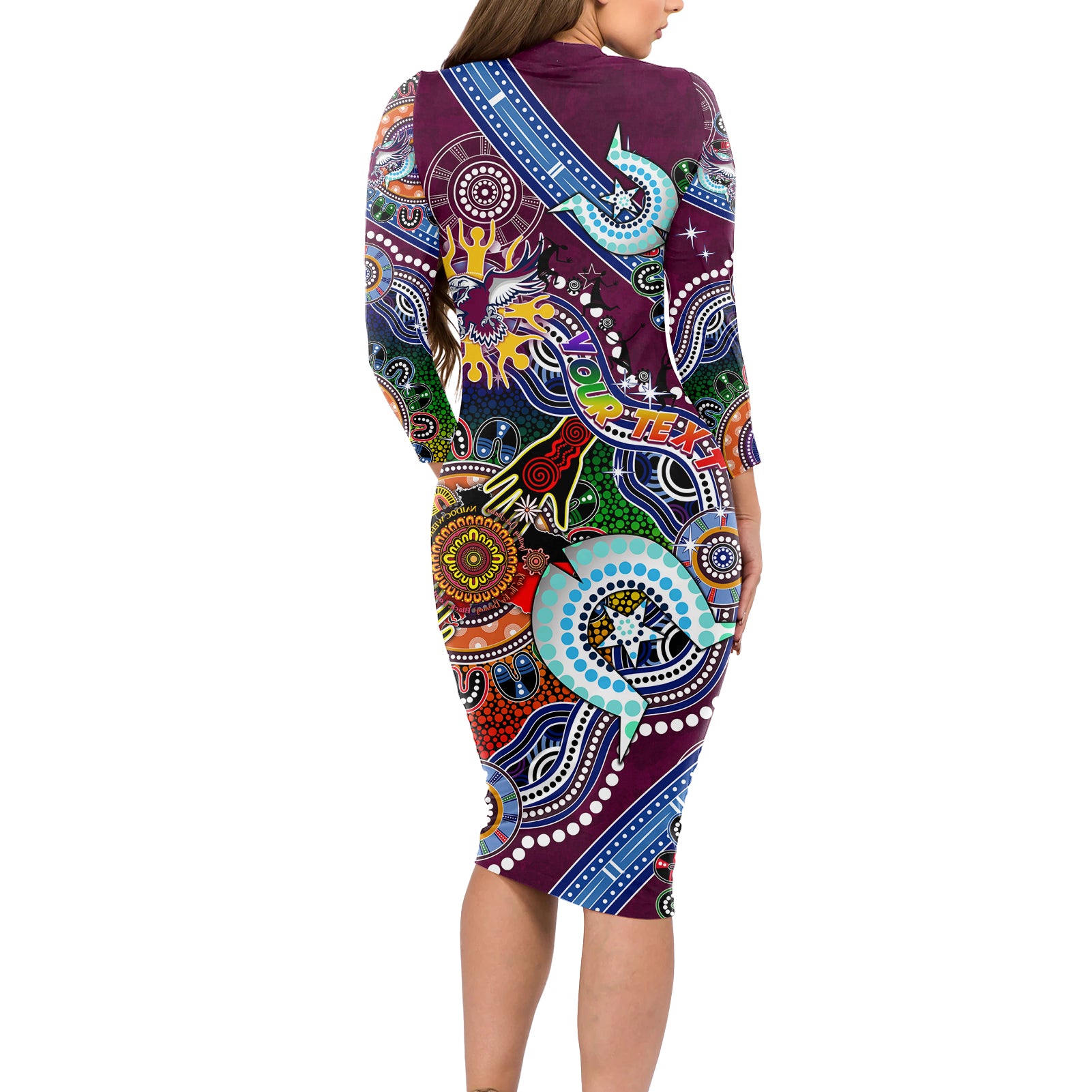 Personalised Eagles NAIDOC Week 2024 Long Sleeve Bodycon Dress Australia Aboriginal Dot Painting