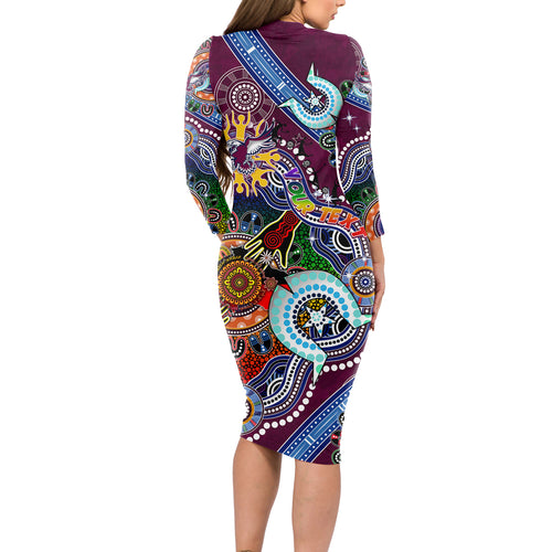 Personalised Eagles NAIDOC Week 2024 Long Sleeve Bodycon Dress Australia Aboriginal Dot Painting